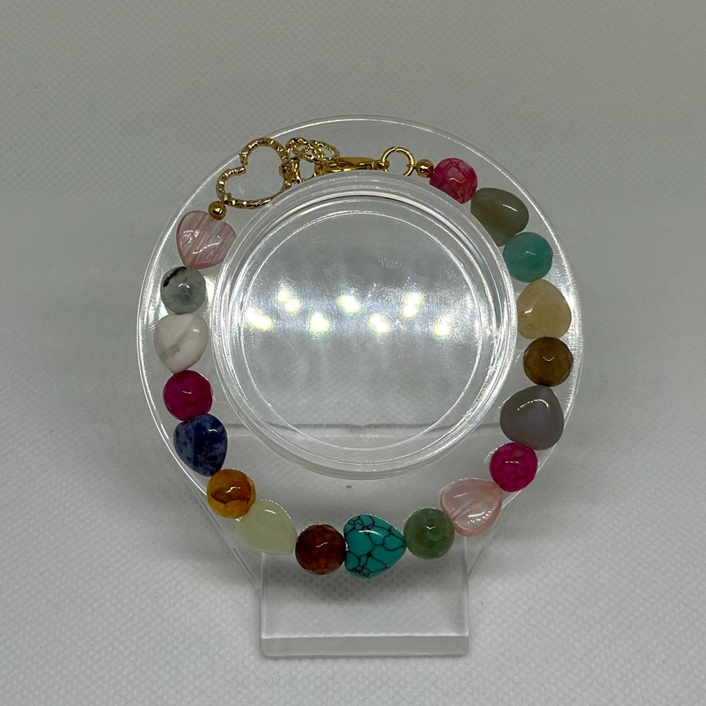Handmade Gold Wire Bracelet with Multi-Stone Faceted and Heart Beads